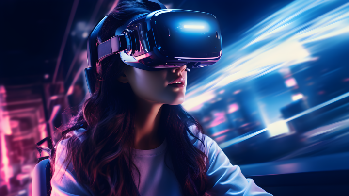 夜晚VR游戏室中驾驶的女性摄影版权图片下载