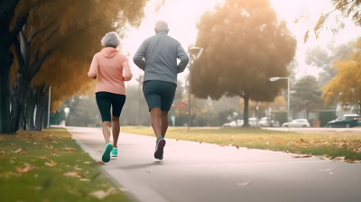 阳光公园里奔跑的老年夫妇摄影图片