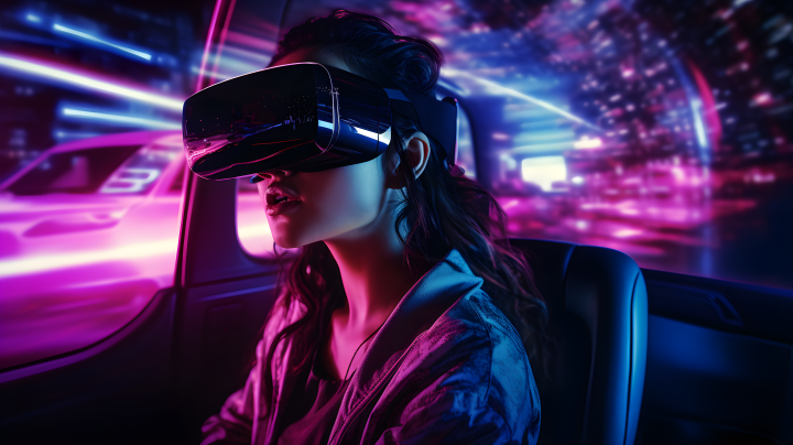 夜晚游戏室中女性驾驶VR系统的摄影版权图片下载