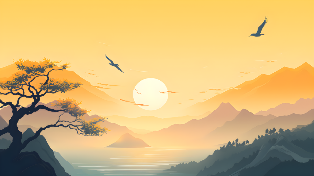 落日美景国画高清图