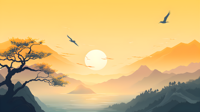 落日美景国画高清图