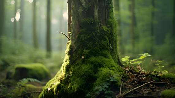 森林中的苔藓覆盖树干摄影图片