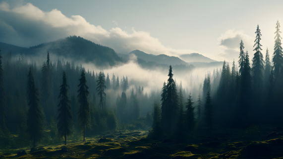 晨雾中的森林景观摄影图片