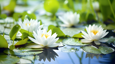 静谧清澈的池塘中的白色水莲花摄影图片