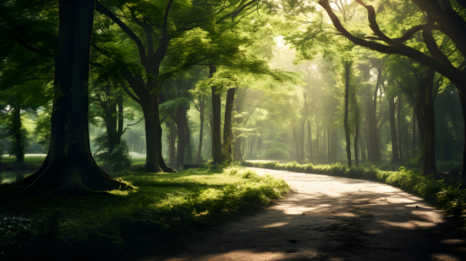 沐阳下绿树自然森林摄影图片