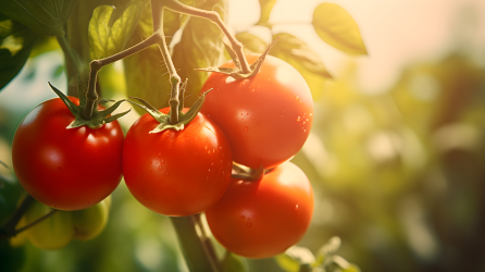 柔和有机风格的四个红色番茄生长在植物上的摄影图片