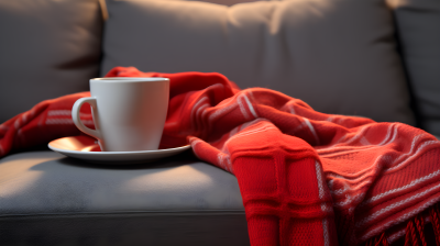迷人红围巾和杯子靠在沙发上的摄影图