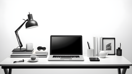办公室工作站数字显示器,笔记本电脑,台灯等设备放置在白色背景的桌子上的摄影图片