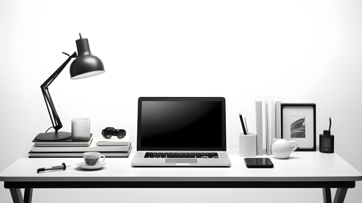 办公室工作站数字显示器,笔记本电脑,台灯等设备放置在白色背景的桌子上的摄影版权图片下载