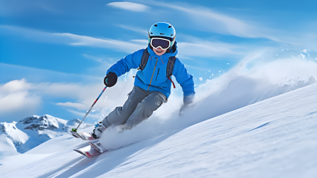笑容满面的男孩穿着蓝色夹克在白色斜坡上滑雪摄影图片