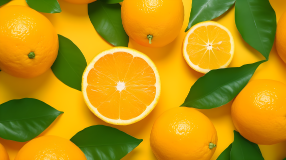 鲜艳清新的橙子与绿叶摄影图片