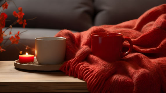 温暖红色围巾和沙发上的杯子摄影图片
