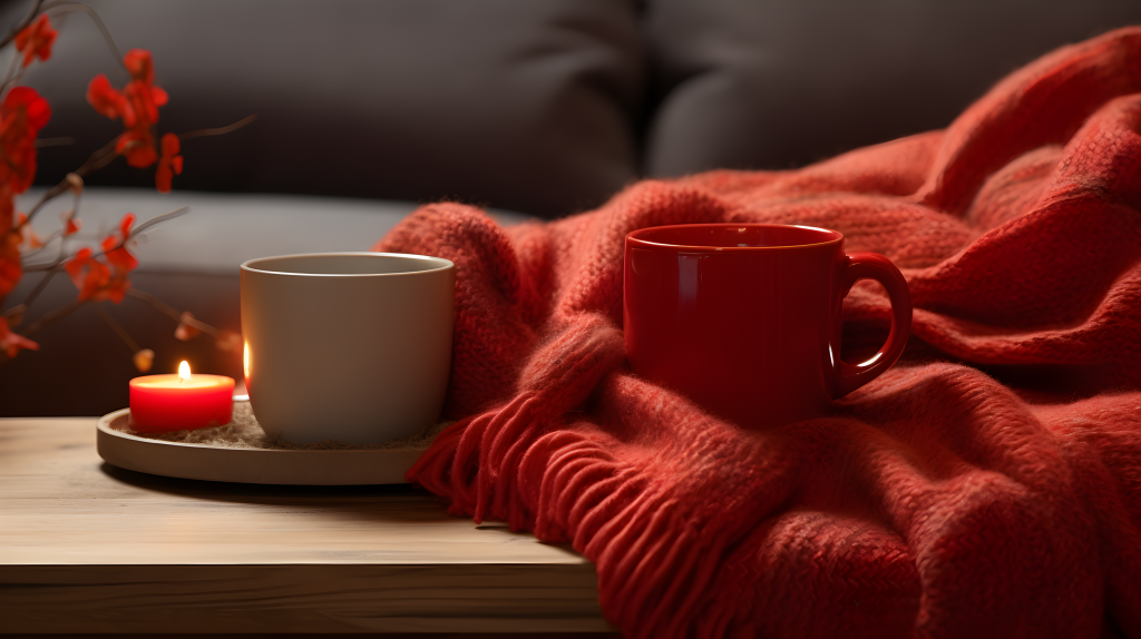 温暖红色围巾和沙发上的杯子摄影图片