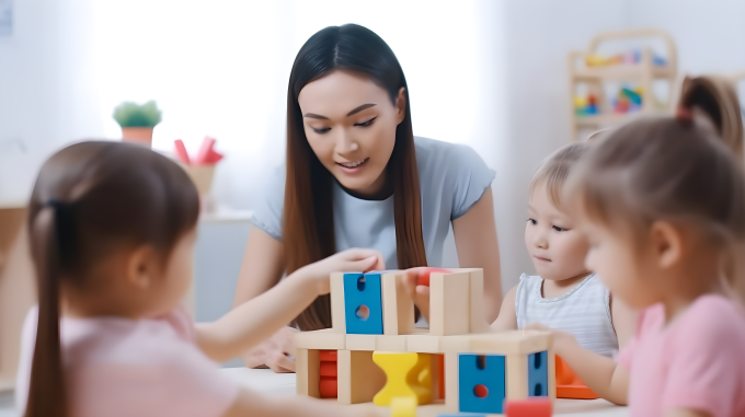 幼儿教育课堂中女教师与孩子玩耍的摄影图片