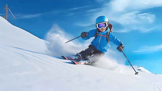 蓝衣男孩滑雪摄影图片