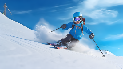 蓝衣男孩滑雪摄影图片