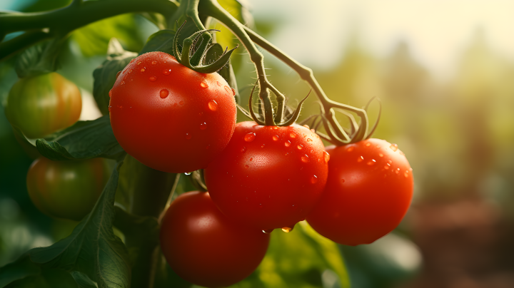 红色和青铜色的四个西红柿在植物上生长的摄影版权图片下载