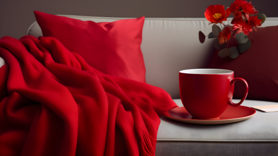 红色围巾和沙发上的杯子  摄影图片