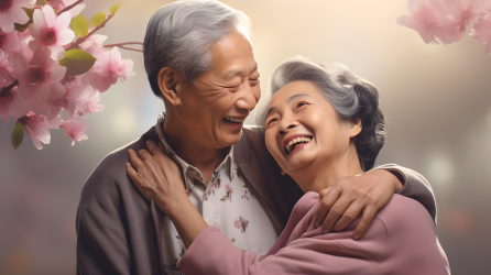 亲切友善的老年夫妇在医院中拥抱，亚洲风格灰褐色摄影图片