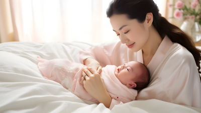 柔光中的母爱女子抱着婴儿的摄影图片