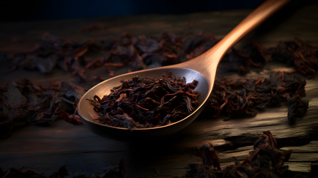 木匙上的干燥红茶叶摄影图片