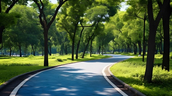 树木环绕的公园蓝色人行道摄影图片