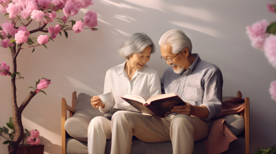 静谧公园长椅上的亚洲老夫妇阅读摄影图片