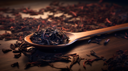 木质勺子上的一勺干燥的黑茶叶摄影图片