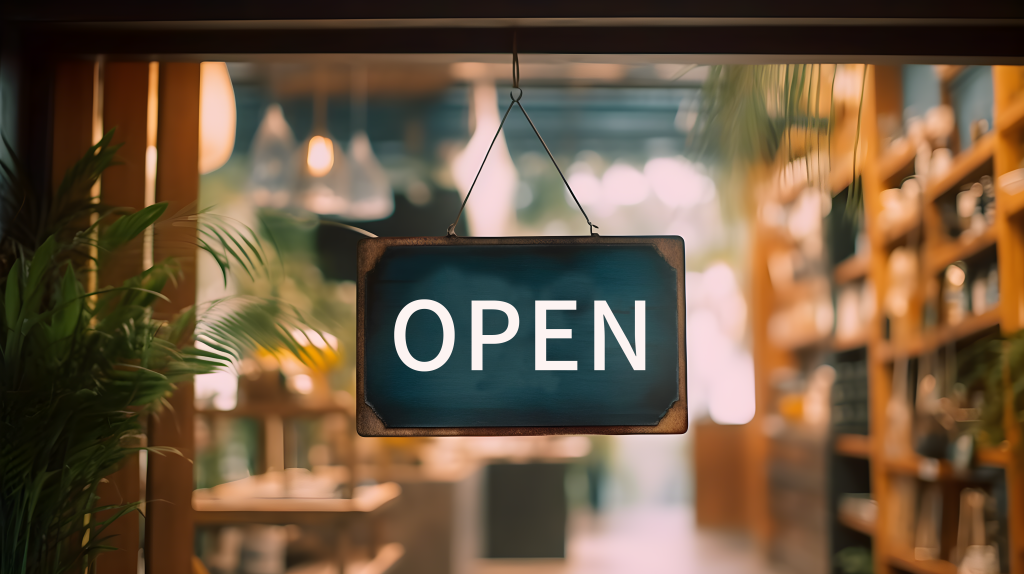 店内墙上挂着的正在营业的牌子摄影图