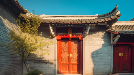 红门的古老中国家庭摄影图片