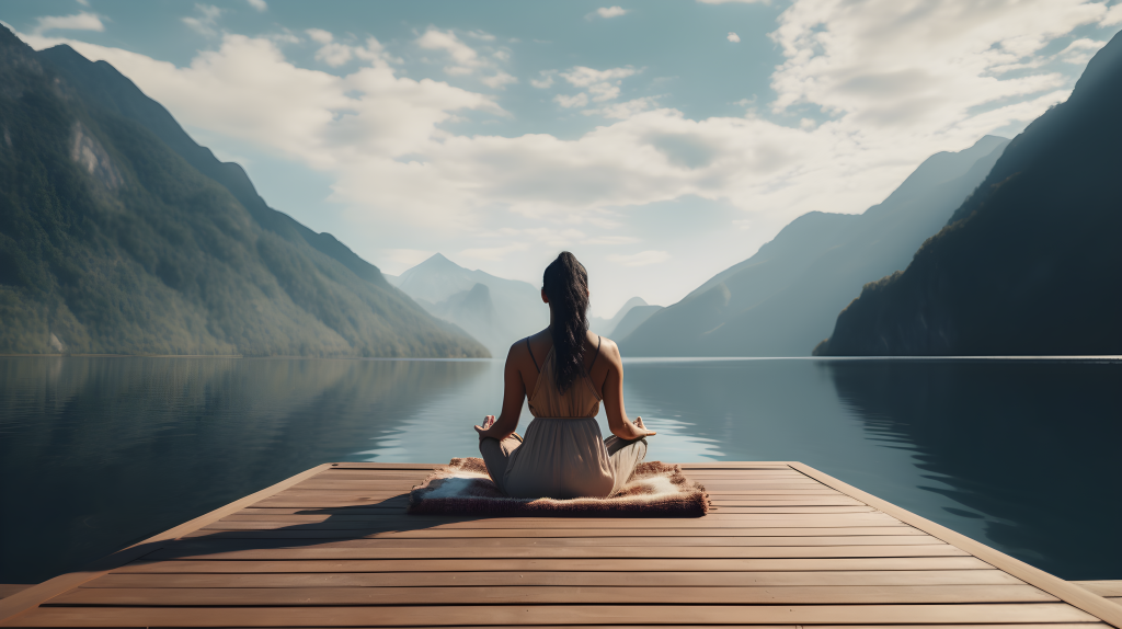 女子坐码头莲花姿——摄影图版权图片下载