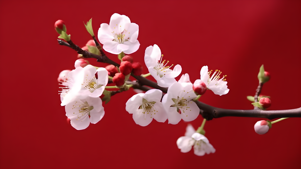 红色背景下的白花摄影版权图片下载