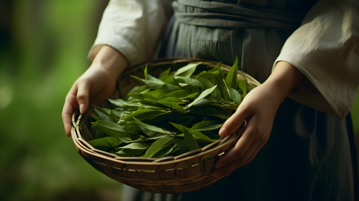 柔美有机女子手持鲜绿茶叶篮的摄影版权图片下载