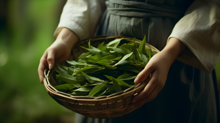 柔美有机女子手持鲜绿茶叶篮的摄影图片