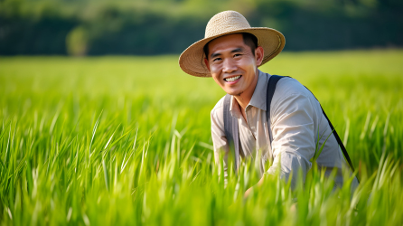 稻田中微笑的工人摄影图