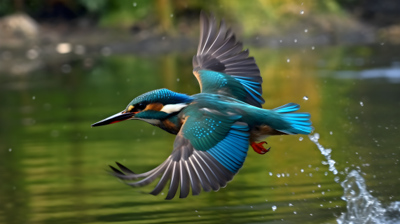 湖上的蓝绿翠鸟飞翔摄影图