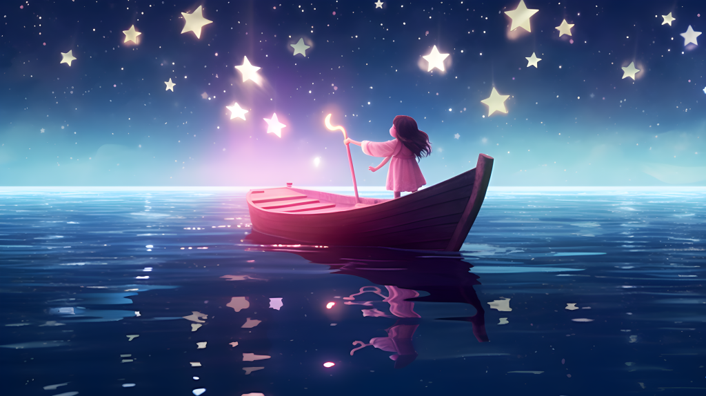 倾听星光中的小船女孩摄影版权图片下载