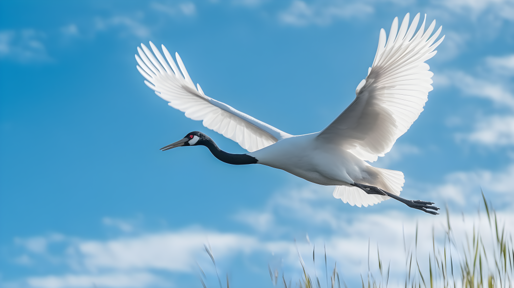 白鹤展翅蓝天中摄影版权图片下载