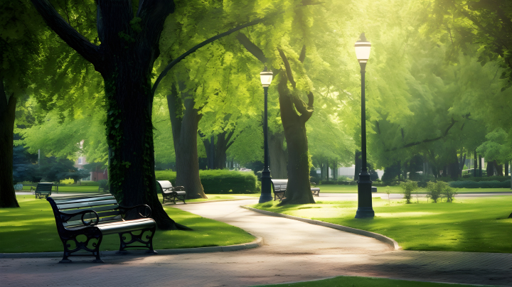 绿树环绕的公园长椅摄影版权图片下载