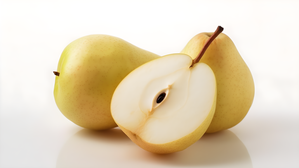 清新浅米色的切半梨摄影图片