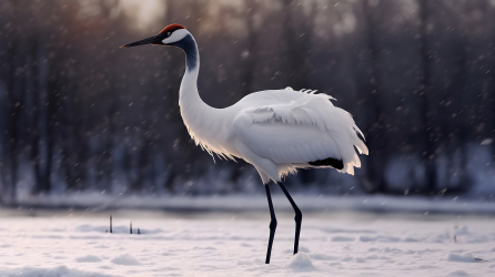 白鹤翩然雪中淡米色与黑色交融的摄影图