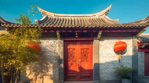 古老的中国家庭红门风格的浅天蓝和浅金色摄影图