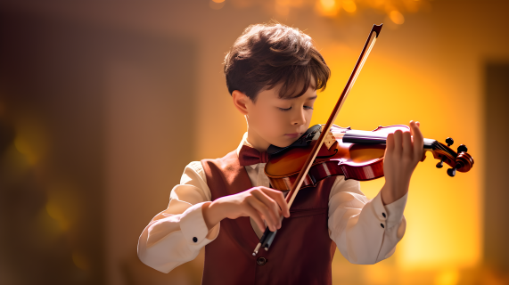男孩演奏小提琴摄影图片