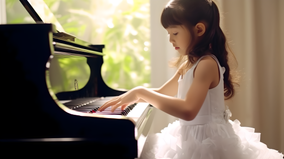 纯白长裙下的亚洲小女孩弹奏钢琴摄影图