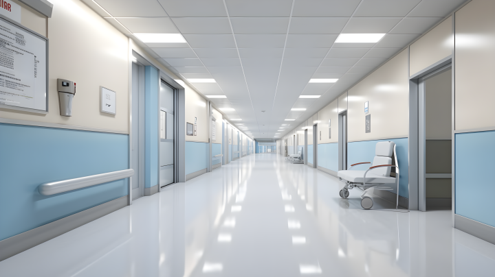 医院走廊白蓝墙，写实夸张摄影图版权图片下载