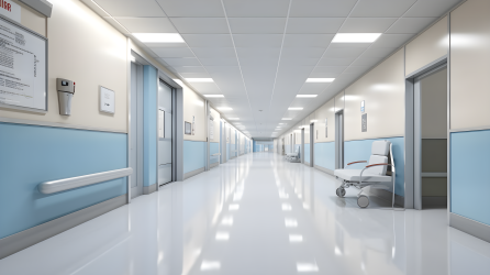 医院走廊白蓝墙，写实夸张摄影图
