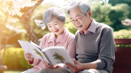 明媚公园长椅上的亚洲老年夫妇阅读摄影图片