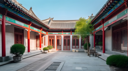 传统建筑院落：红绿相间，宽敞明亮，摄影图片