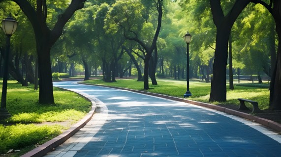 树木环绕的公园中蓝色人行道摄影图片