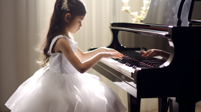 白衣少女弹奏钢琴摄影图片